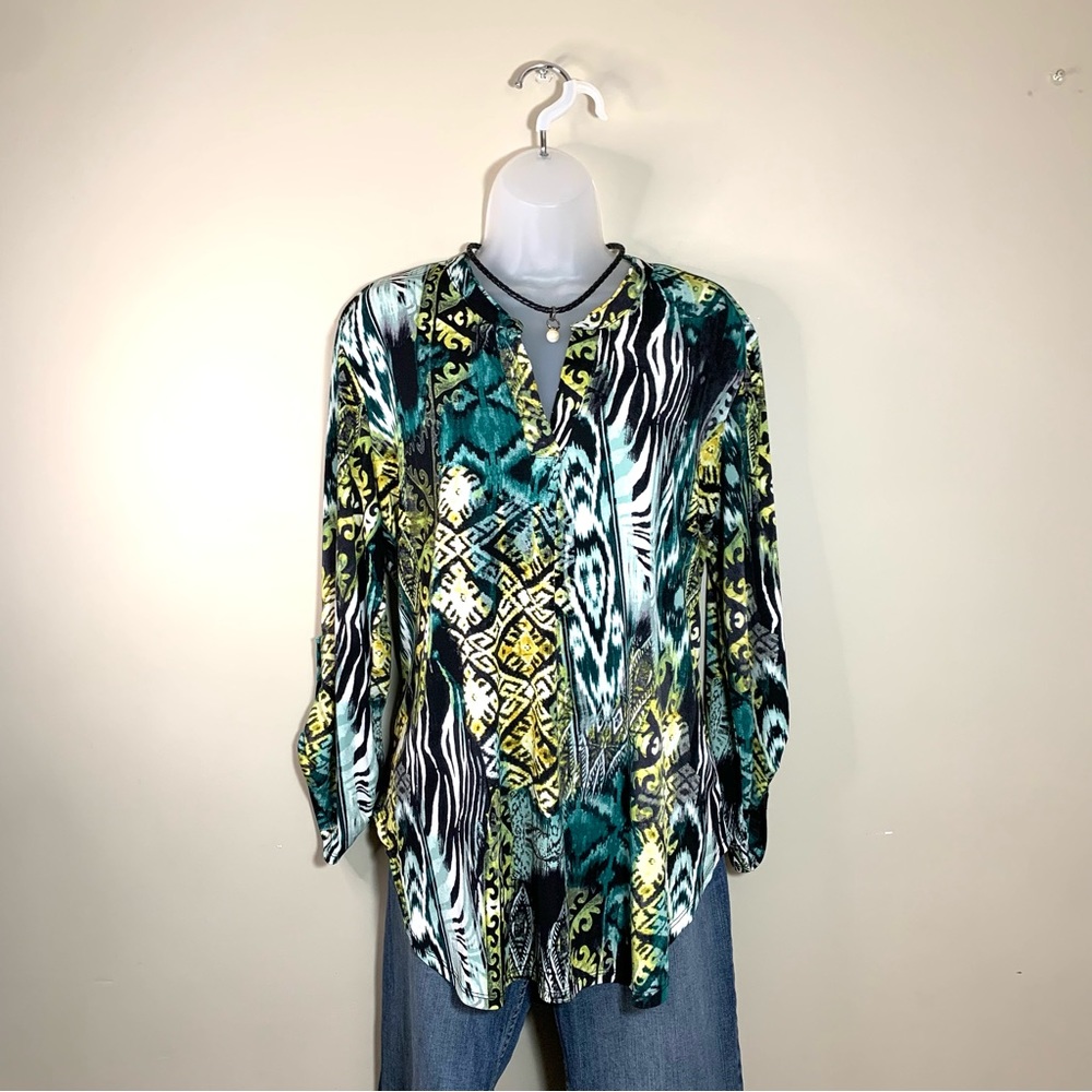 Cato Multicolor Boho Tunic Top Roll Tab Sleeve Peasant Blouse Flowy Fit Sz L
